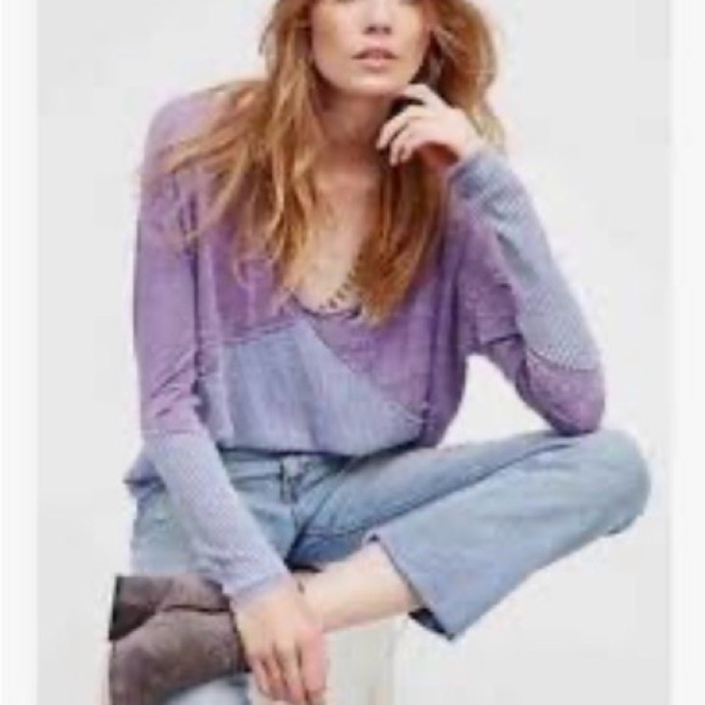 We The Free Free People Purple Blue Acid Wash Thermal Top Waffle Knit Small